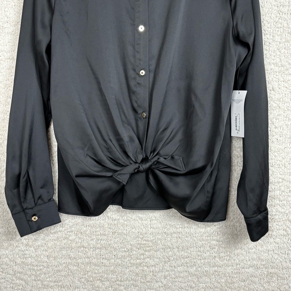 Bold‎ Elements Top Womens Lg Black Satin Button Down Tie Front Office Career - Picture 3 of 9